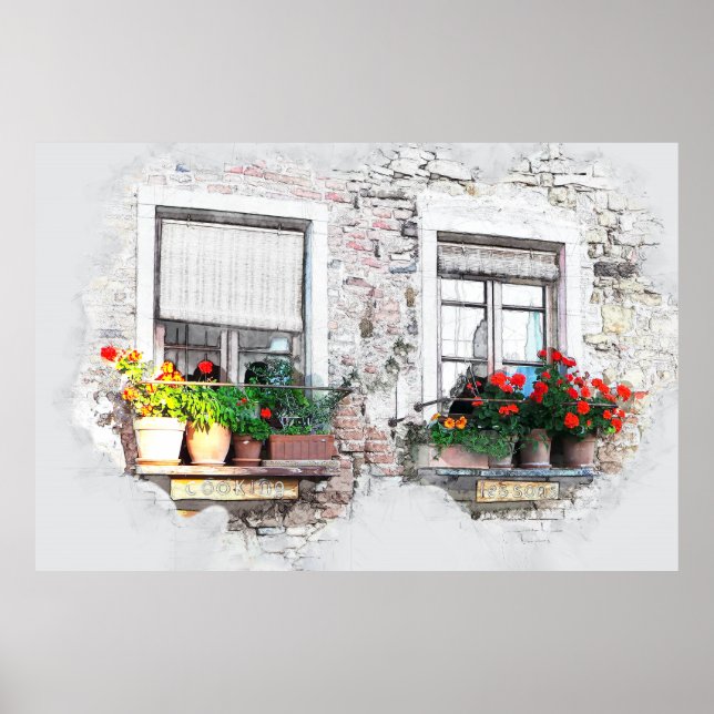 Pen und Tintenskizze von Blume auf Fenstersilben Poster (Vorne)
