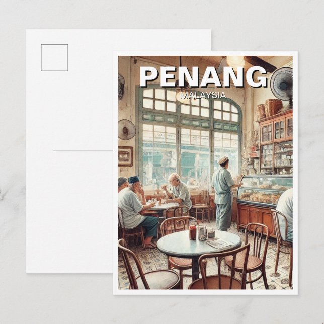Penang Malaysia Shophouse Kopitiam Travel Postkarte (Vorne/Hinten)