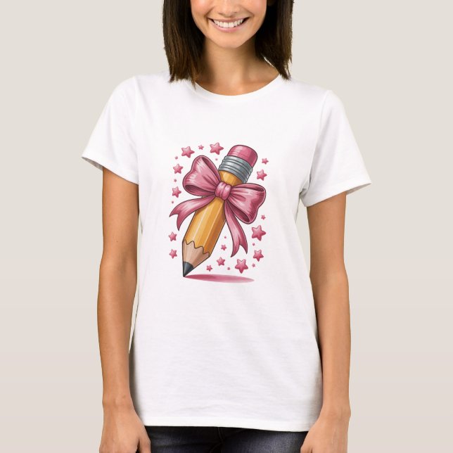 Pencil Coquette Bow Lehrer Wertschätzungsschule T-Shirt (Vorderseite)