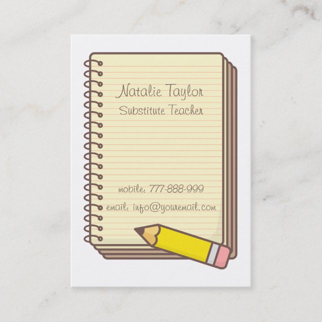 Pencil Notepad Substitute Teacher Business Cards Visitenkarte (Vorderseite)