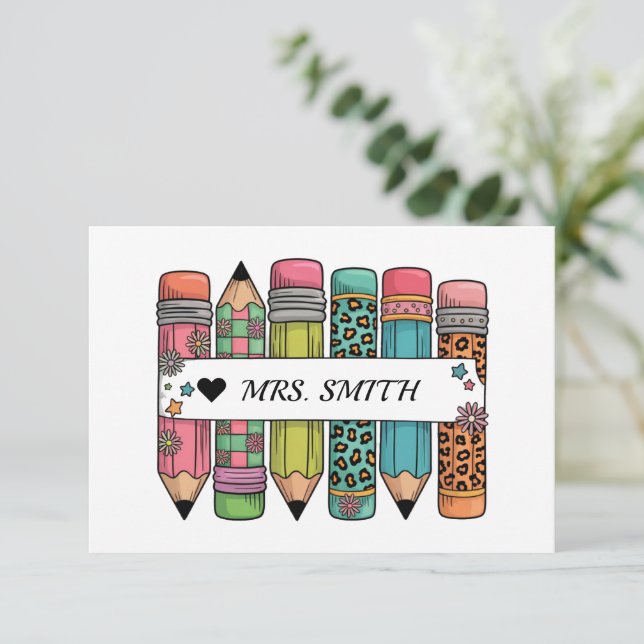 Pencil Teacher Name Thank You Card Dankeskarte (Stehend Vorderseite)