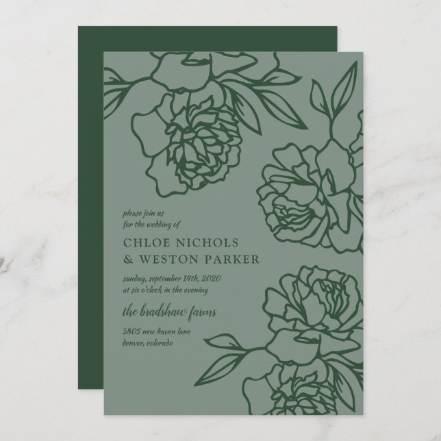 Penciled Peonies Modern Emerald Green Wedding Einladung (Vorne/Hinten)