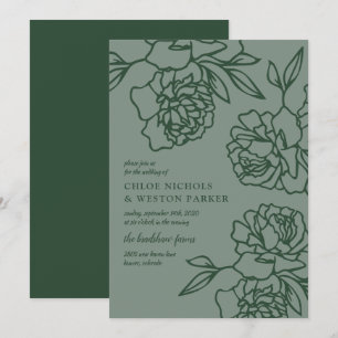 Penciled Peonies Modern Emerald Green Wedding Einladung