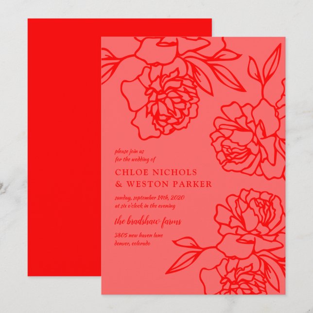 Penciled Peonies Modern Red Wedding Einladung (Vorne/Hinten)