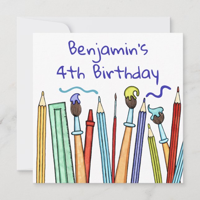 Pencils and Paintbrushes Geburtstagseinladung (Vorderseite)
