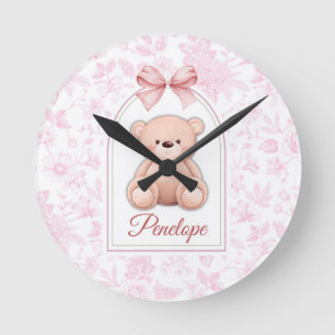 Penelope Benutzerdefiniertes rosa Teddy-Bär-Kind Runde Wanduhr