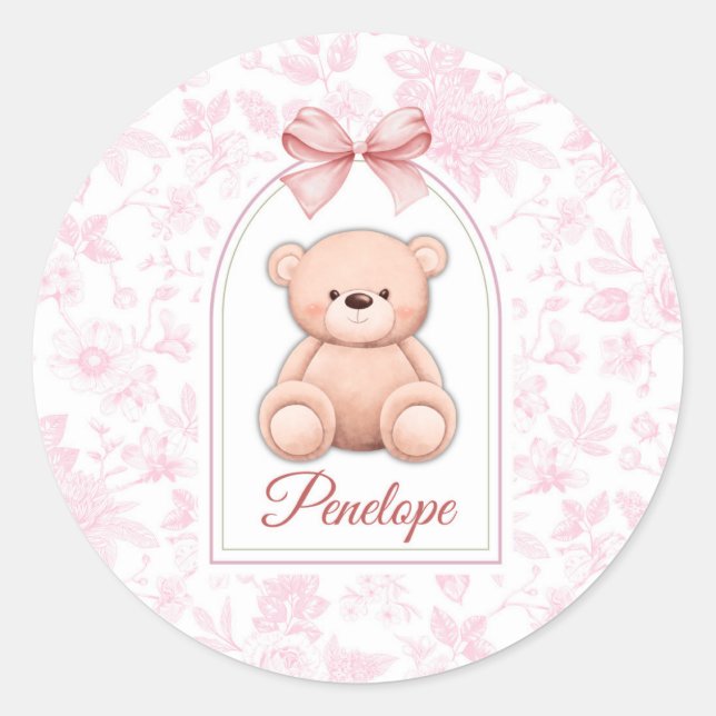 Penelope | Benutzerdefiniertes rosa Teddy-Bär-Kind Runder Aufkleber (Vorderseite)