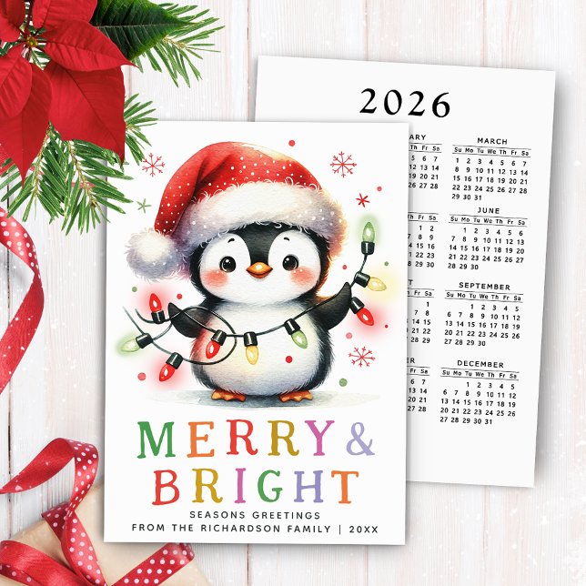 Penguin 2026 Kalender Frohe und helle Weihnachten (Merry and Bright Greeting Card with a Cute Penguin Holding Christmas Lights)