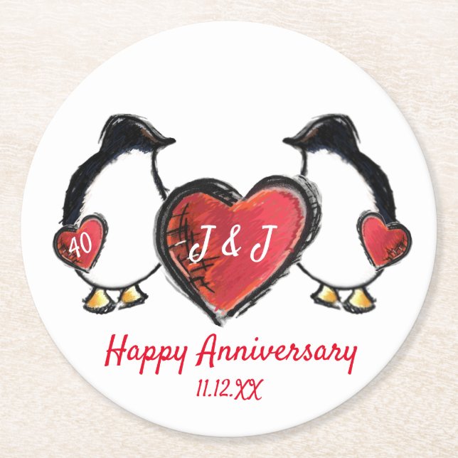 Penguin 40. rubinischer Hochzeitstag Runder Pappuntersetzer (Vorderseite)