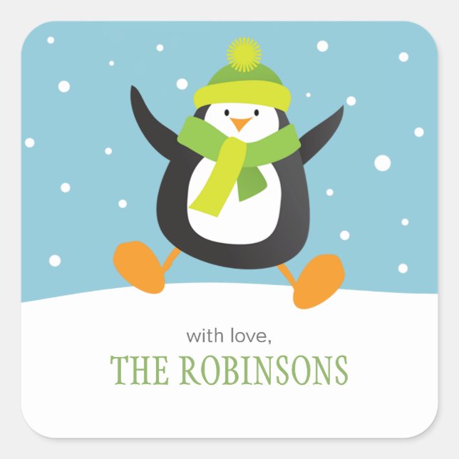 Penguin aime la neige | Stickers Cadeaux carrés (Devant)