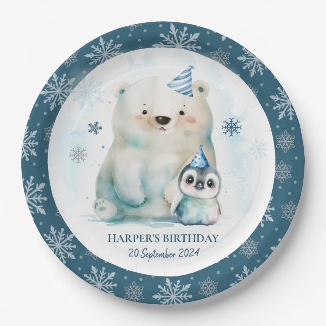 Penguin and Polar Bear Winter Birthday Pappteller (Vorderseite)