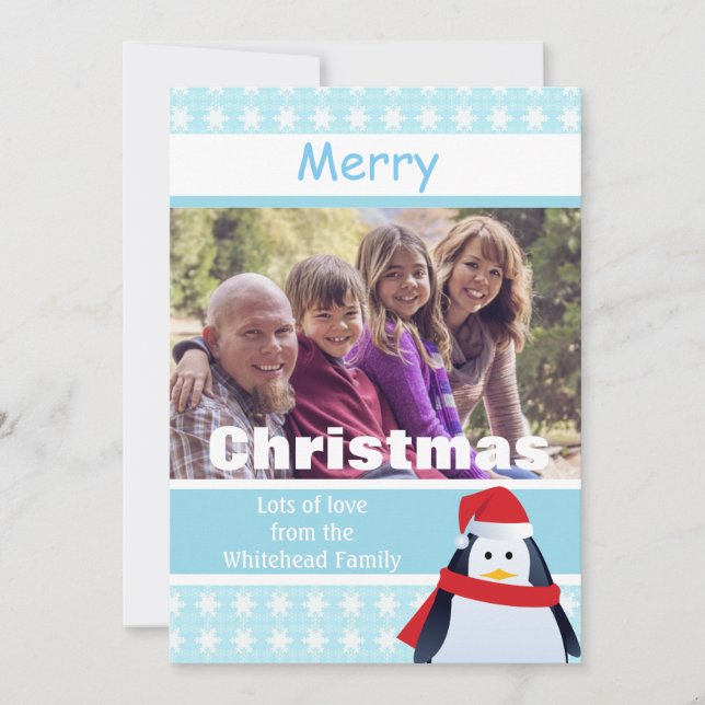 Penguin and Snowflakes Custom Photo Feiertagskarte (Vorderseite)