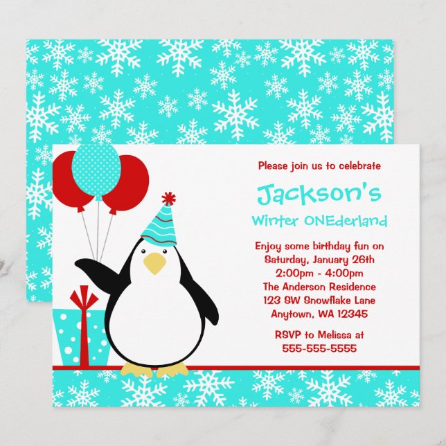 Penguin Aquamarine Schneeflocken Winter Einheimisc Einladung (Vorne/Hinten)