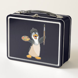 Penguin as Painter with Paint brush & Colour Metall Brotdose