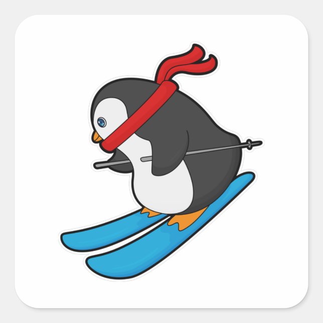 Penguin as Skier with Ski Quadratischer Aufkleber (Vorderseite)
