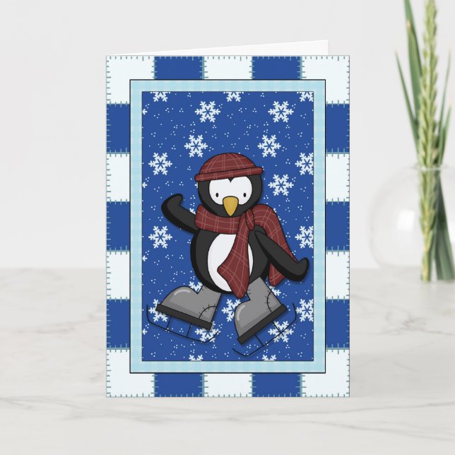 Penguin auf Eis-Skaten Feiertagskarte (Vorderseite)