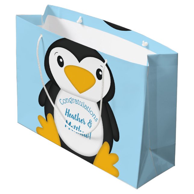 Penguin Baby Dusche Blue Große Geschenktüte (Rückseite Schrägansicht)