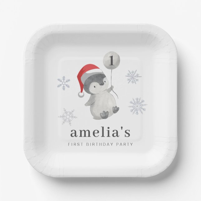 Penguin Balloon 1. Geburtstag Pappteller (Vorderseite)