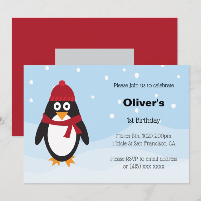 Penguin Birthday Einladung zum Winter Geburtstag (Vorne/Hinten)