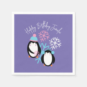 Penguin Birthday Snowflakes Pink Blue Winter Party Serviette