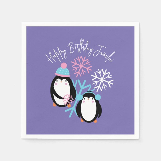 Penguin Birthday Snowflakes Pink Blue Winter Party Serviette (Vorderseite)