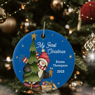 Penguin Blau Hintergrund Baby's erstes Weihnachten Keramik Ornament