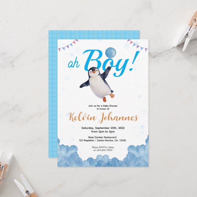 Penguin Boy Blue Baloon Cloud Sky Baby Shower Einladung (Vorderseite/Rückseite Beispiel)