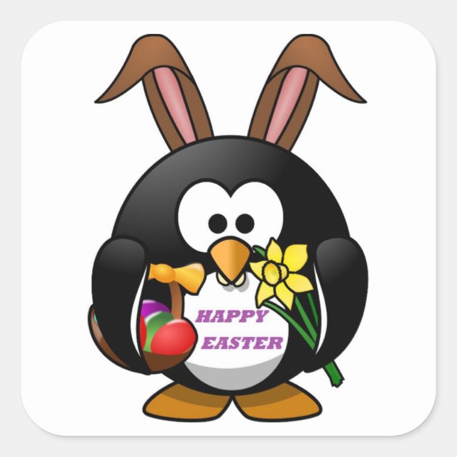 PENGUIN BUNNY "HAPPY EASTER" QUADRATISCHER AUFKLEBER (Vorderseite)