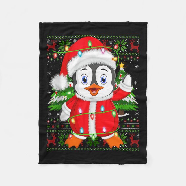 Penguin Christmas Lights Santa Costume Ugly Xmas S Fleecedecke (Vorderseite)