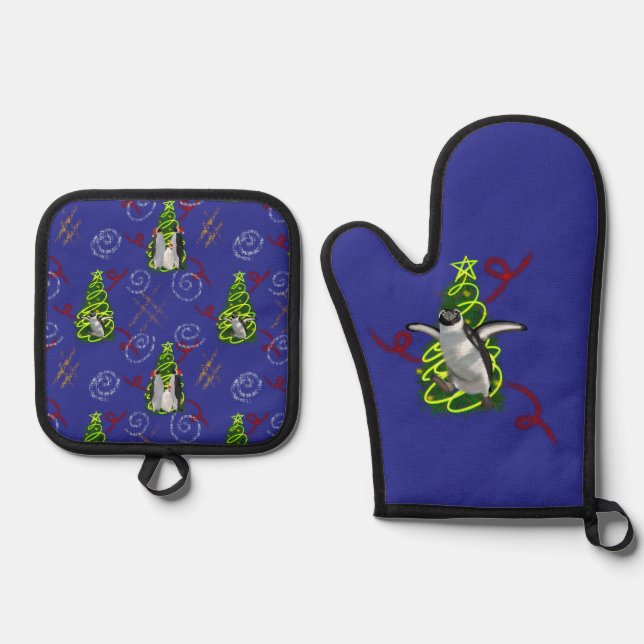 Penguin Christmas Ofenhandschuh & Topflappen-Set (Vorderseite)