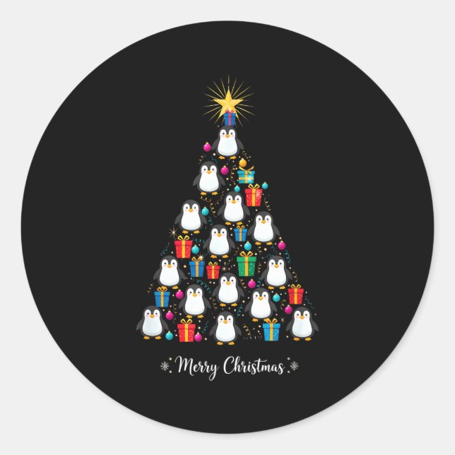 Penguin Christmas Tree Xmas Day Holiday Men &amp;  Runder Aufkleber (Vorderseite)