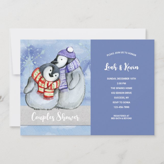 Penguin Couple Couples Douche Invitation (Devant)