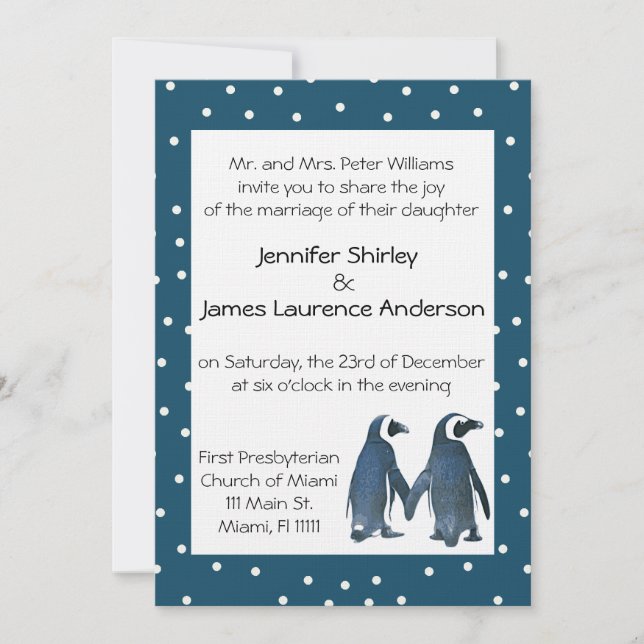 Penguin Couple Hochzeit Einladung (Vorderseite)