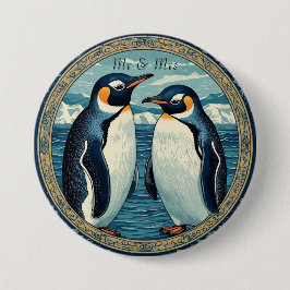 Penguin Couple Winter Snow Blue Ocean Ice Glacier Button