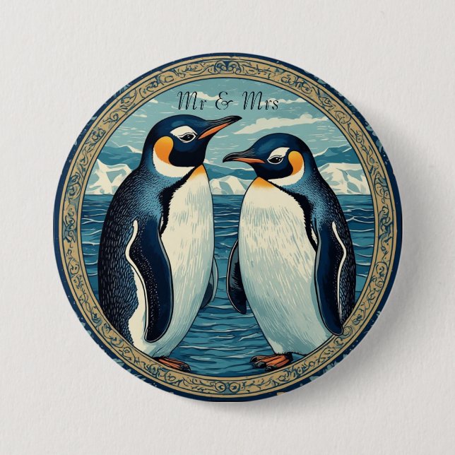 Penguin Couple Winter Snow Blue Ocean Ice Glacier  Button (Vorderseite)