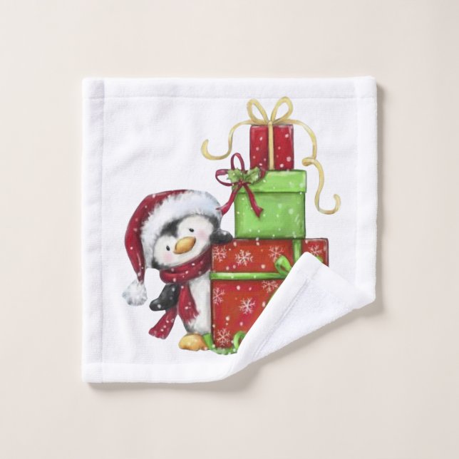 Penguin de Noël avec cadeaux - Décor festif (Gant de toilette)