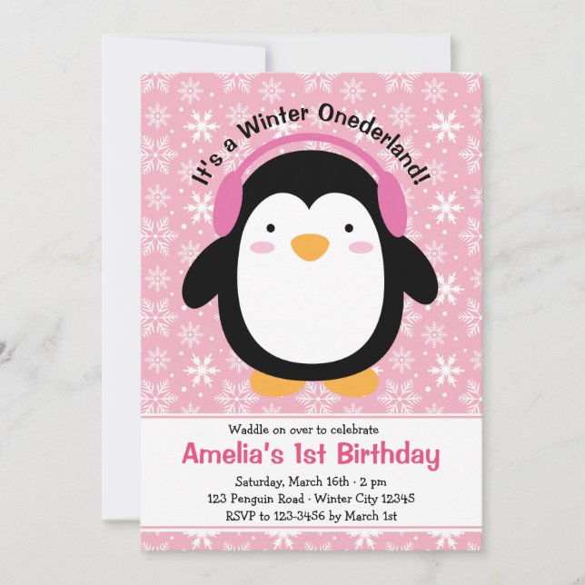 Penguin Einladungen zum Geburtstag (Rosa für Mädch (Vorderseite)