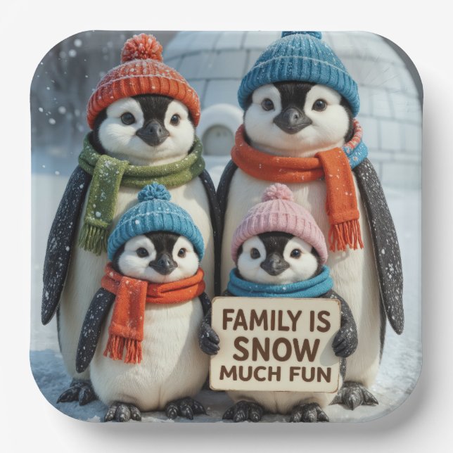 Penguin-Familie in Schneeflocken Pappteller (Vorderseite)