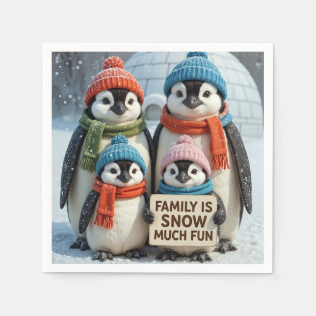 Penguin-Familie in Schneeflocken Serviette (Vorderseite)
