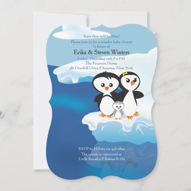 Penguin Familienpaare Babydusche Einladung (Vorderseite)