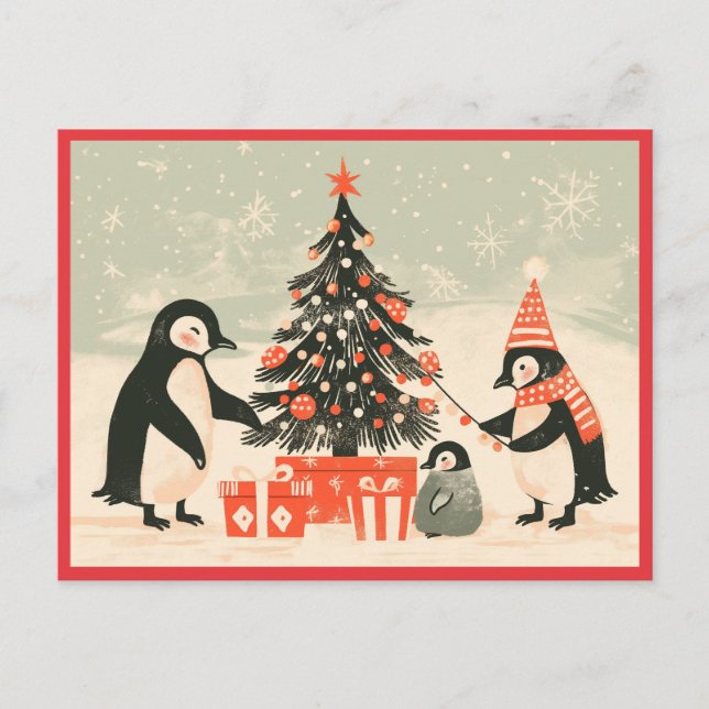 Penguin Family Decorating Christmas Tree Postkarte (Vorderseite)