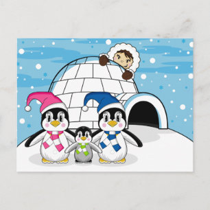 Penguin Family & Eskimo Postcard Postkarte