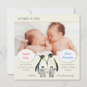 Penguin Family Foto Geburtsankündigung für Twins Ankündigung