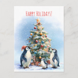 Penguin family joyfully decorating a Christmas tre Postkarte