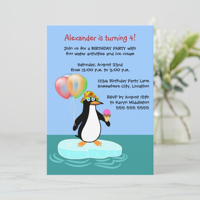Penguin Fun Birthday Party Einladung (Stehend Vorderseite)