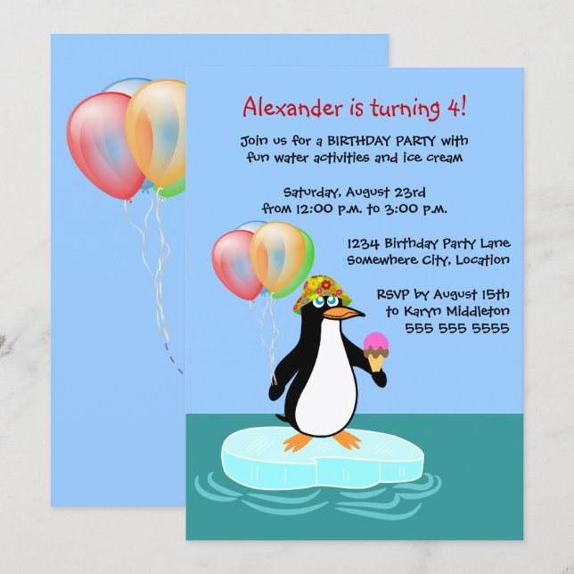 Penguin Fun Birthday Party Einladung (Vorne/Hinten)