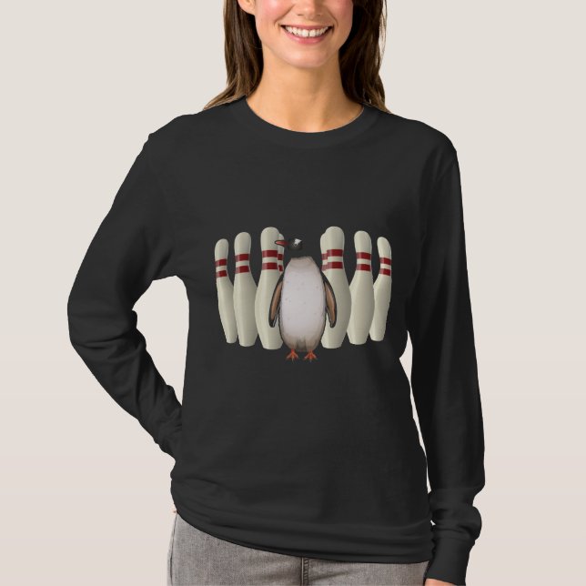 Penguin Funny Bowling Player Button Geschenk für B T-Shirt (Vorderseite)