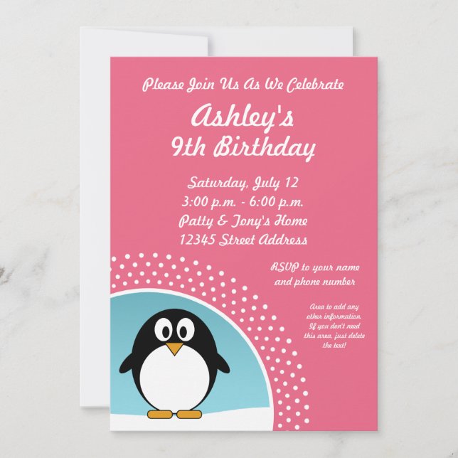 Penguin-Geburtstags-Party Einladung (Vorderseite)