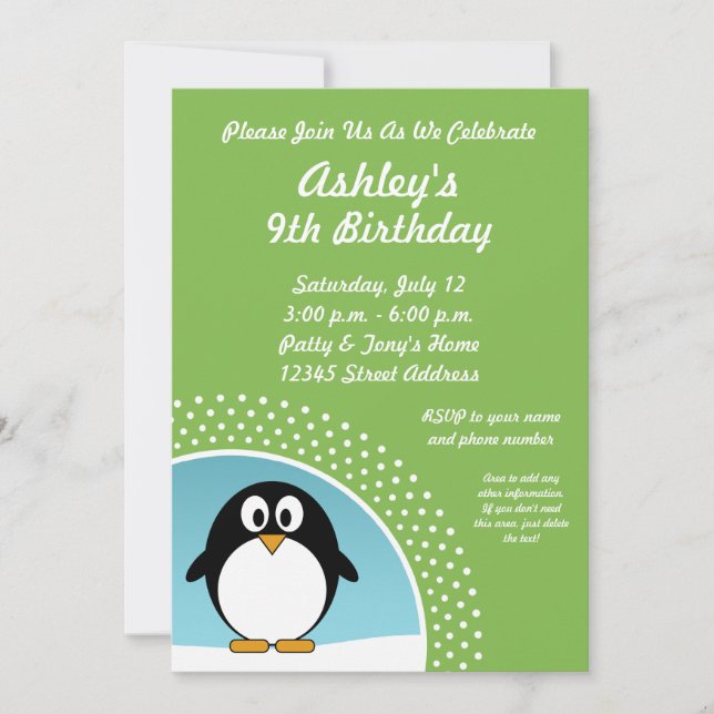 Penguin-Geburtstags-Party Einladung (Vorderseite)