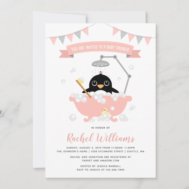 Penguin Girl in Pink Badewanne Dusche Einladung (Vorderseite)